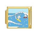 Maillon de charme italien en acier inoxydable doré avec une illustration de surf sur les vagues. - Double Surf (#2) / Or