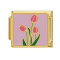 Premium gold stainless steel Italian modular charm link with pink tulip enamel design - Pink Tulip With Purple Background (#15)