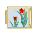Gold stainless steel Italian charm link with red tulip enamel design - Red Tulips With Blue Background (#16)