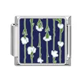 Stainless steel Italian charm link with blue floral pattern for DIY bracelet - Dark Blue White Flower Style (#15)