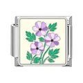 Stainless steel Italian modular charm featuring purple enamel flowers with green leaves - Cream Purple Flower Style (#16)