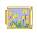 Elegant gold stainless steel Italian charm link with yellow tulip floral enamel design - Yellow Tulip With Blue Background (#21)