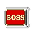 Stainless steel Italian modular charm link with gold BOSS text on red background - BOSS Letter Style (#12)
