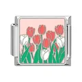 Italian modular charm link in stainless steel with colorful enamel tulip garden design - Pink Red White Tulip Style (#18)