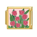 Gold stainless steel Italian modular charm link featuring red tulip enamel floral pattern - Red Tulip With Pink Background (#23)
