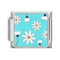 Stainless steel Italian charm link with white daisy flower design on blue base - Blue White Daisy Style (#20)