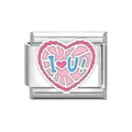 Elegante charm in acciaio inox per bracciali italiani con cuore rosa e testo I Love U - Stile IU Cuore Rosa (#3) / 1 Pz (1cm)