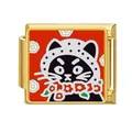 Gold stainless steel Italian charm link featuring a cute black cat in a white scarf - Black Cat With Headscarf On Red (#8)