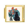 Gold Italian modular charm link with a cute black cat and red tulip enamel design - Black Cat And Tulip (#9)