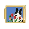 Elegant gold stainless steel Italian charm link featuring Boston Terrier and red tulips - Boston Terrier (#10)