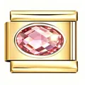 Macro detail of a polished gold stainless steel Italian modular charm with pink zircon stone - Pink Zirconia Link