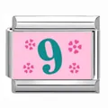 Stainless steel Italian modular bracelet charm in pink featuring a green number 6 - Number 9 Pink Small Flower Style / 1 Piece/Pack
