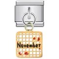 Italian charm bracelet link for November featuring a calendar motif and red enamel drops - November