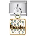 Stainless steel Italian modular bracelet charm featuring December text and blue dots - December