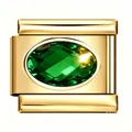 Gold stainless steel Italian modular charm link featuring an oval green faceted zircon stone - Dark Green Zirconia Link