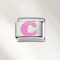 Maglia per bracciale italiano in acciaio inox con lettera C in smalto rosa - Lettera Rosa (C) / Argento Con Lettera Rosa