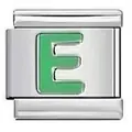 Silver stainless steel Italian charm link featuring a green enamel letter E design - Letter E