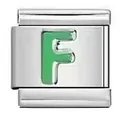 Customizable stainless steel Italian charm link featuring a green enamel letter F design - Letter F