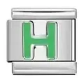 Stainless steel Italian modular bracelet charm link featuring a green enamel letter H - Letter H