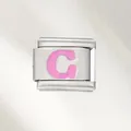Premium stainless steel Italian charm link featuring a pink enamel letter C design - Pink Letter (G) / Silver With Pink Letter
