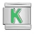 Modular stainless steel Italian bracelet charm link featuring a green enamel letter K - Letter K