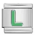 Premium stainless steel Italian charm bracelet link with a green enamel letter L - L