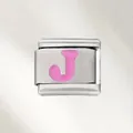 Customizable stainless steel Italian modular charm with a pink enamel letter J design - Pink Letter (J) / Silver With Pink Letter