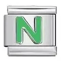 Stainless steel modular Italian charm link with green enamel letter N for DIY jewelry - Letter N
