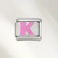 Elegant stainless steel Italian modular charm link featuring a pink enamel letter K design - Pink Letter (K) / Silver With Pink Letter