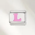 Italian charm bracelet link in stainless steel with pink enameled letter L design - Pink Letter (L) / Silver With Pink Letter