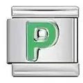Premium stainless steel Italian modular charm featuring a green enamel letter P design - Letter P