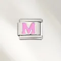 Stainless steel Italian charm bracelet module featuring a pink enamel letter M design - Pink Letter (M) / Silver With Pink Letter