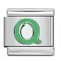 Stainless steel Italian modular charm featuring a green letter Q design for DIY bracelets - Letter Q