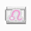 Maglia charm italiana in acciaio inossidabile con simbolo zodiacale Leone in smalto rosa - Modulo Singolo / Leone
