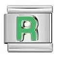 Classic stainless steel Italian charm link with a vibrant green enamel letter R - Letter R
