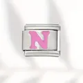 Pink enamel letter N stainless steel Italian modular charm for DIY bracelets - Pink Letter (N) / Silver With Pink Letter