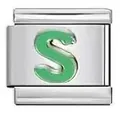 Polished stainless steel Italian charm module featuring a green letter S for DIY bracelets. - S