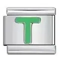 Custom stainless steel Italian charm link with green letter T for DIY elastic bracelets - Letter T