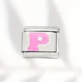Modular stainless steel Italian link charm featuring a pink enamel letter P design - Pink Letter (P) / Silver With Pink Letter