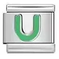 Stainless steel Italian modular charm link with green letter U design - Letter U