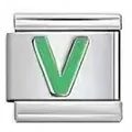 Stainless steel Italian charm bracelet link with green letter V design - Letter V
