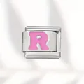 Stainless steel Italian modular charm link featuring a pink enamelled letter R design - Pink Letter (R) / Silver With Pink Letter