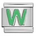Stainless steel Italian modular charm bracelet link featuring a green letter W design - Letter W