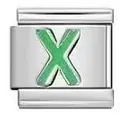 Customizable stainless steel Italian modular bracelet link featuring a green letter X - Letter X