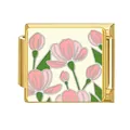 Dettaglio di una maglia charm italiana dorata con motivo fiori rosa e foglie verdi - Stile Tulipano Rosa (#1)