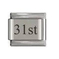 Macro view of a stainless steel Italian charm module with 31st engraving for DIY bracelets - 31st Date Link