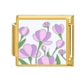 Vista macro del modulo charm italiano in acciaio dorato con smalto a fiori viola - Stile Tulipano Viola (#2)