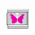 Macro view of a stainless steel Italian charm with a vibrant pink enamel butterfly - Rose Pink