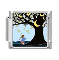 Stainless steel Italian modular charm featuring an artistic enamel tree and moon design - Girl Under Tree Moon Pattern (#5) / 1 Piece