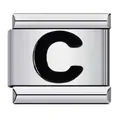 Polished stainless steel Italian charm bracelet link featuring a bold black letter C - Letter C
